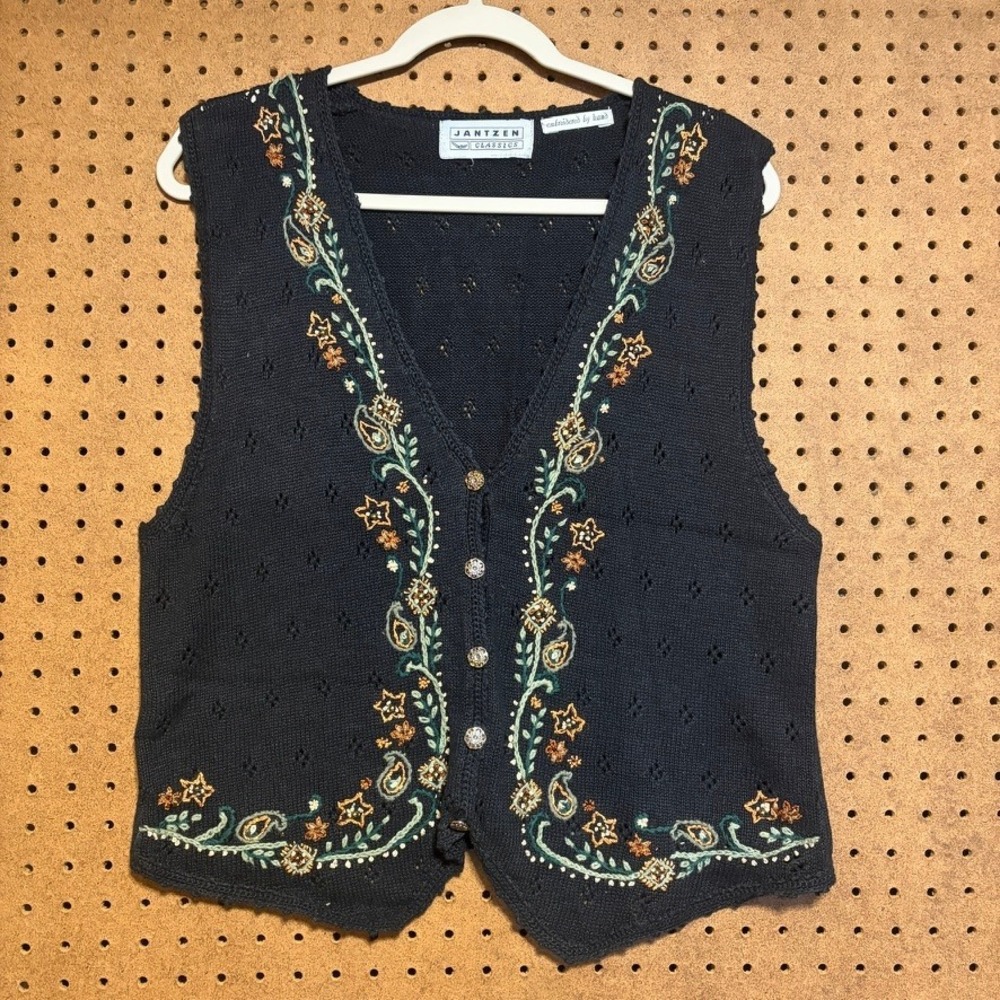 Jantzen Classics Sweater Vest M Black Hand Embroidered Floral Pointelle Cardigan